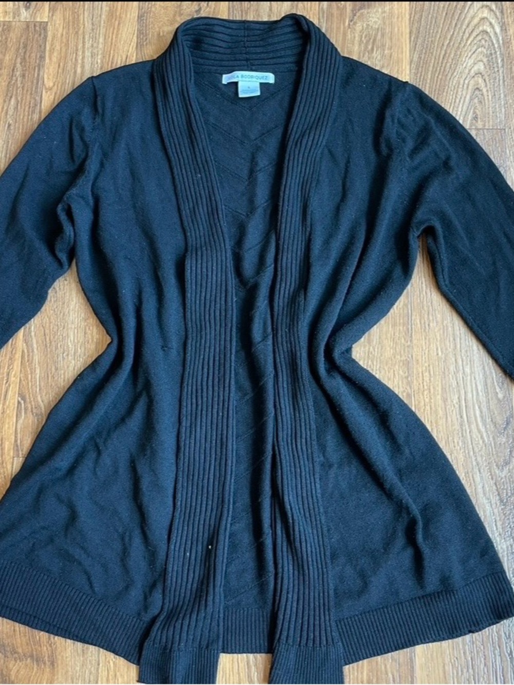 Black Open-Front Ribbed Shawl Collar Cardigan